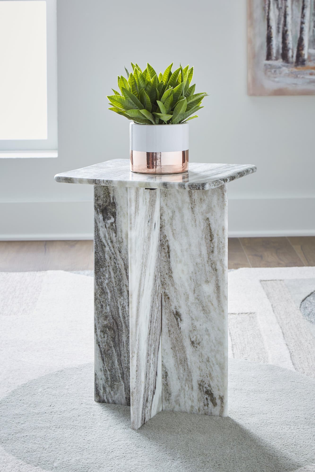 Keithwell Gray Accent Table front view with natural marble finish