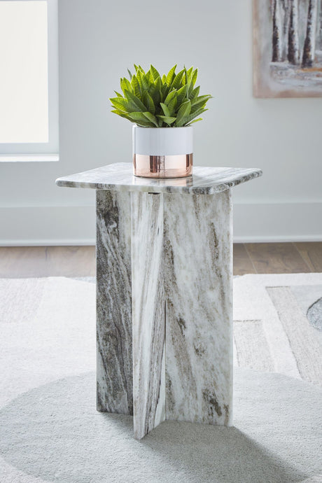 Keithwell Gray Accent Table front view with natural marble finish