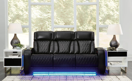 Boyington Black Leather Power Reclining Sofa front angle view