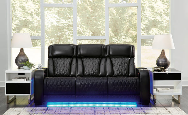 Boyington Black Leather Power Reclining Sofa front angle view