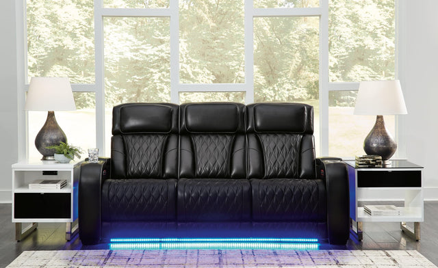 Boyington Black Leather Power Reclining Sofa front angle view