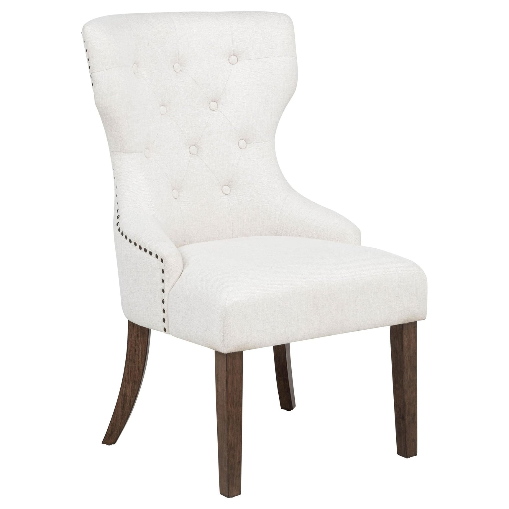 Baney dining side chair cream fabric with button-tufted wingback and dark oak legs