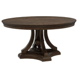 Ridgewell round pedestal dining table dark oak, front angle view