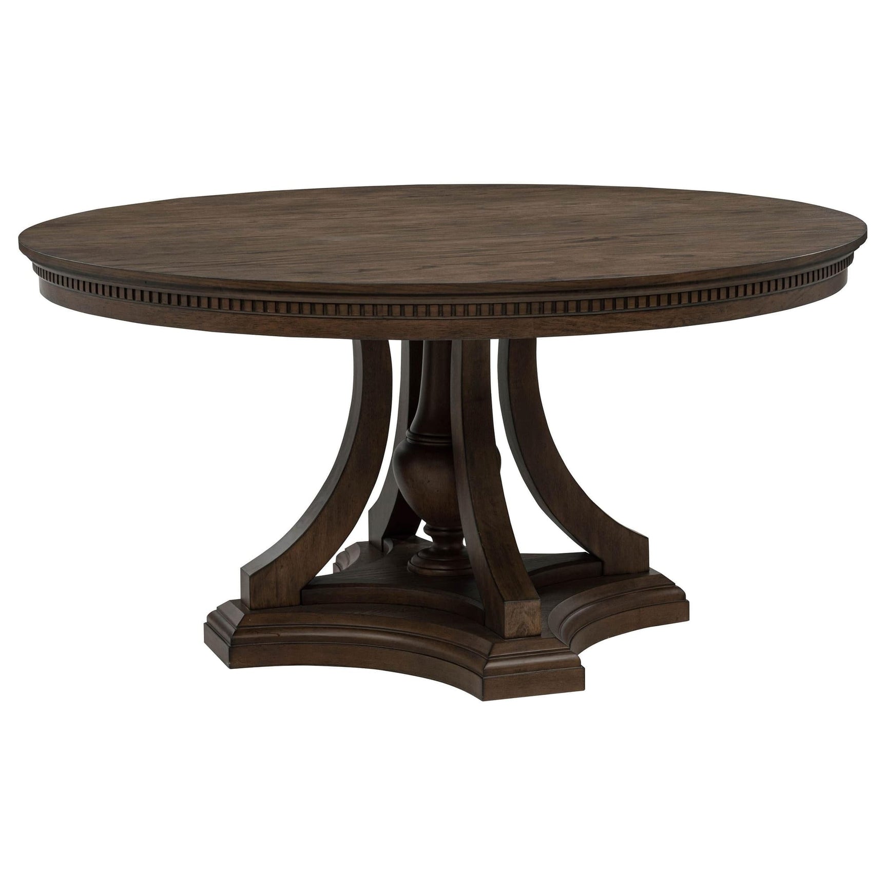 Ridgewell round pedestal dining table dark oak, front angle view