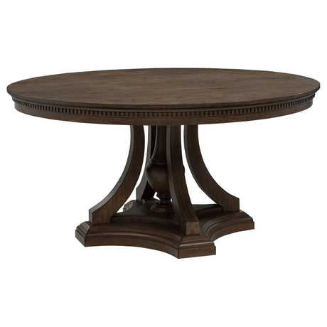 Ridgewell round pedestal dining table dark oak, front angle view