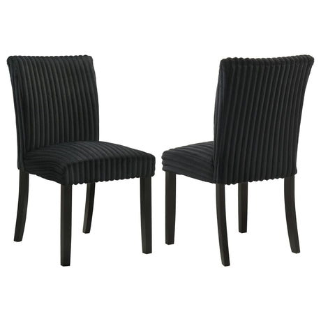 Dermott black upholstered parson dining side chair angled view front
