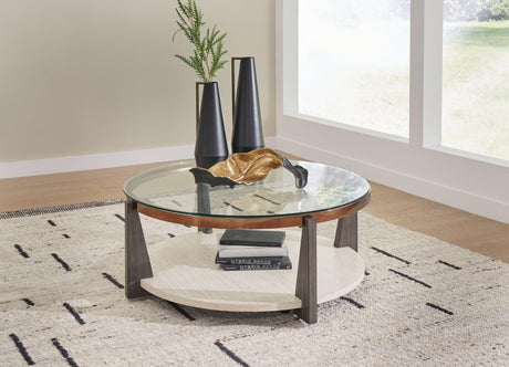 Frazwa Coffee Table with clear glass top and round shape