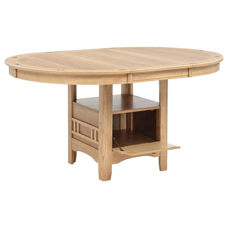Lavon Oval 60-inch Light Oak Wood Extension Dining Table, front view with leaf extended