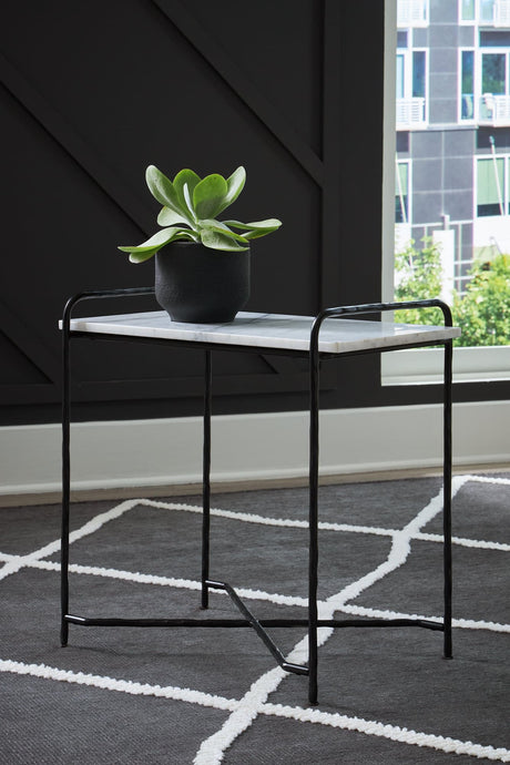 Ashber accent table with white marble top and black metal legs, front view