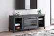 Cayberry Black 60 inch TV stand with electric fireplace front view