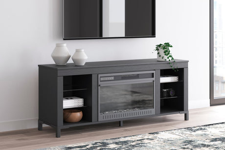 Cayberry Black 60 inch TV stand with electric fireplace front view