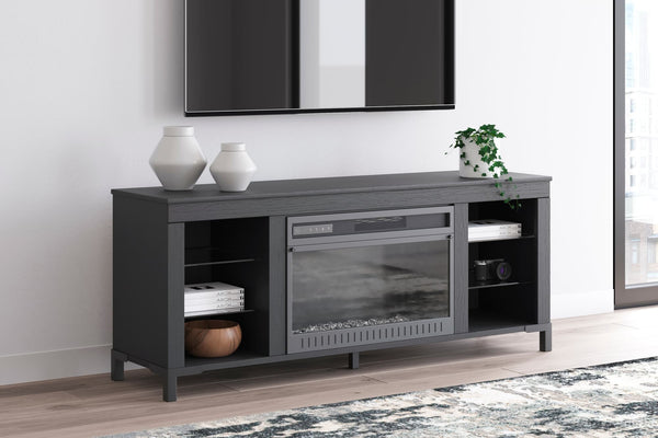 Cayberry Black 60 inch TV stand with electric fireplace front view
