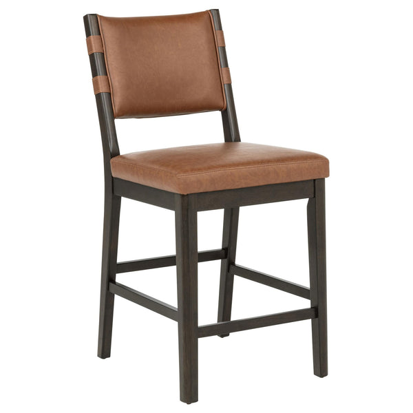 Tegan cognac faux leather upholstered counter height chair front angled view