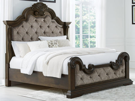 Maylee Dark Brown King Upholstered Bed front angle