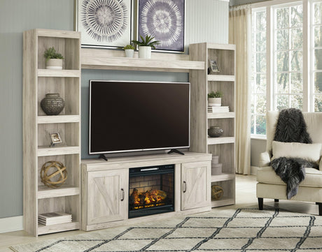 Bellaby Whitewash 4-Piece Entertainment Center with Electric Fireplace front view