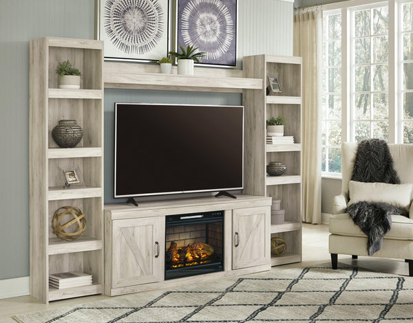 Bellaby Whitewash 4-Piece Entertainment Center with Electric Fireplace front view