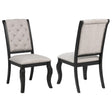 Phelps tan upholstered dining side chair with tufted back and bronze nailhead trim, front view