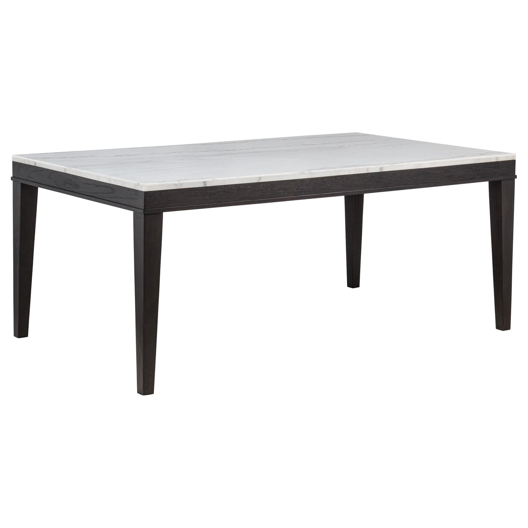 Averill 72-inch dining table with white marble top and coffee bean tapered legs, angled view