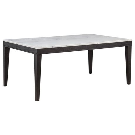 Averill 72-inch dining table with white marble top and coffee bean tapered legs, angled view