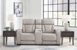 Boyington Gray Leather Power Reclining Loveseat with Console angled view
