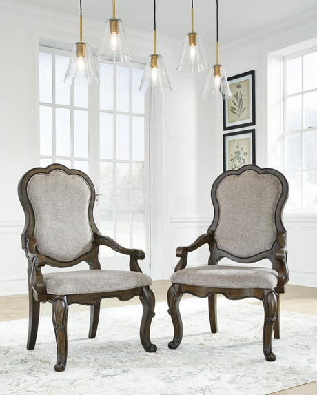 Maylee dark brown dining arm chair front view