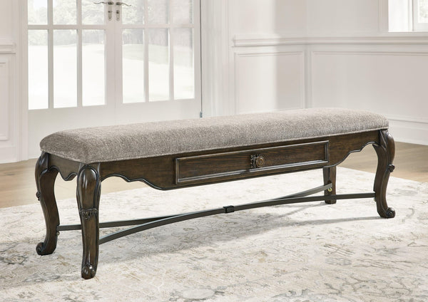Front view of Maylee 63-inch dark brown dining bench with upholstered seat