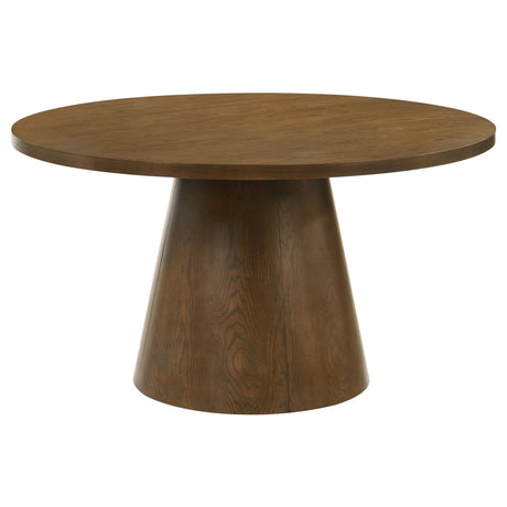 Franklin 54-inch round dark brown wood pedestal dining table front view