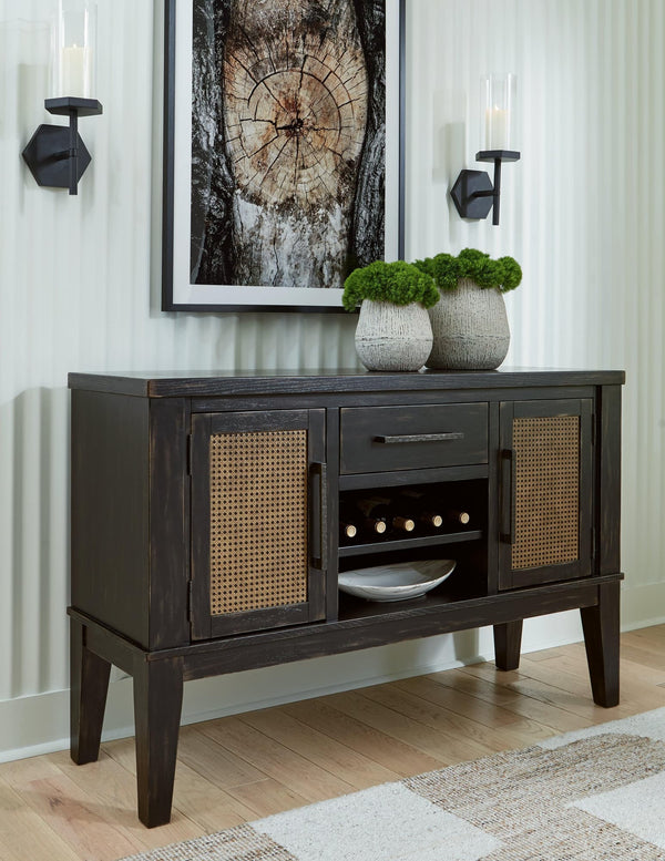 Galliden black dining server, front view showing cabinets and drawer