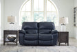 Leesworth Ocean Leather Power Reclining Loveseat front view in dark ocean color