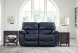 Leesworth Ocean Leather Power Reclining Loveseat front view in dark ocean color