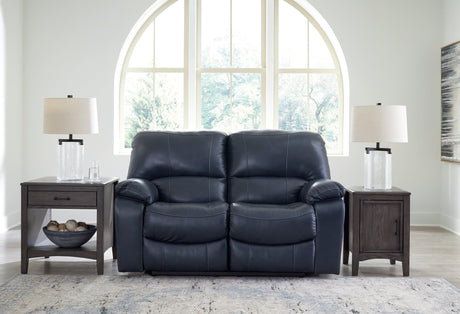 Leesworth Ocean Leather Power Reclining Loveseat front view in dark ocean color