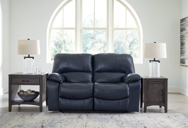 Leesworth Ocean Leather Power Reclining Loveseat front view in dark ocean color