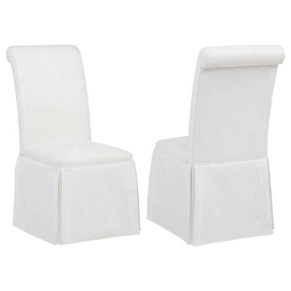 Shawna white upholstered skirted side chair front angle