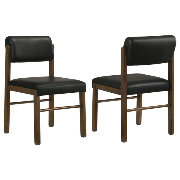 Kehoe upholstered dining side chair black leatherette with walnut rubberwood legs front view