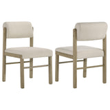 Kehoe cream upholstered dining side chair with natural oak legs front view