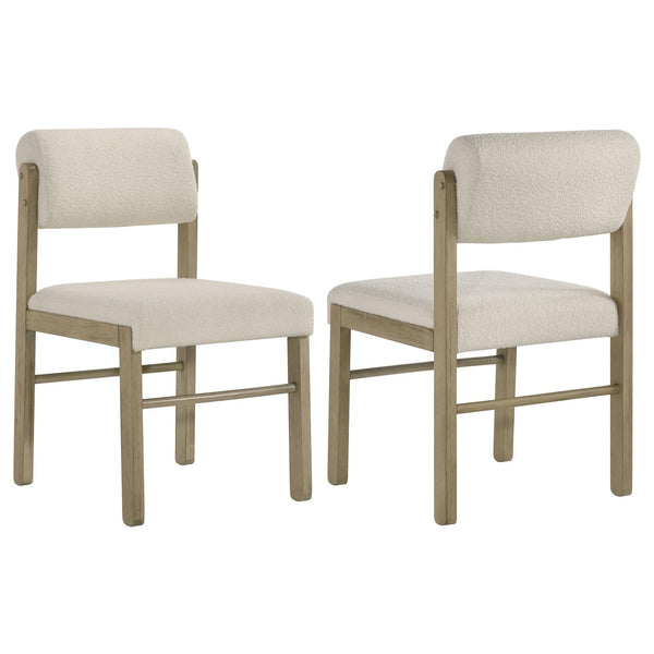 Kehoe cream upholstered dining side chair with natural oak legs front view