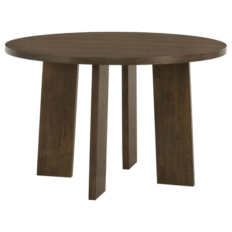Strouse 47-inch round walnut wood dining table with pedestal base