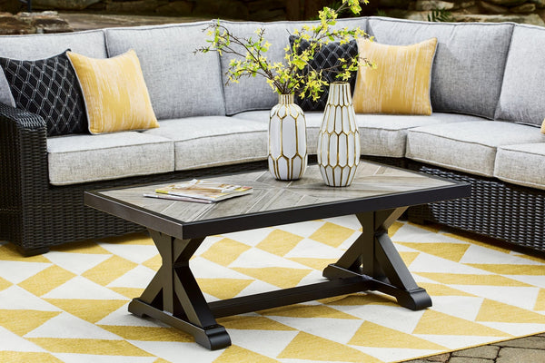 Beachcroft black and light gray outdoor coffee table angled view