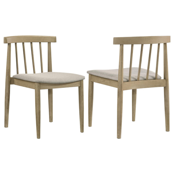 Cullen dining side chair with upholstered seat, angled side view in natural oak