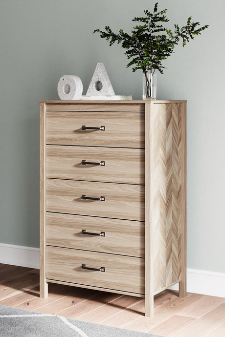 Battelle Tan Chest of Drawers front view showing five drawers