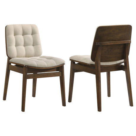 Redbridge velvet upholstered cream dining side chair with walnut frame front angle