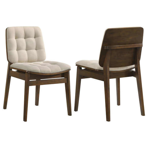 Redbridge velvet upholstered cream dining side chair with walnut frame front angle