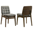 Redbridge velvet upholstered dining side chair in grey with walnut wood frame, front angle