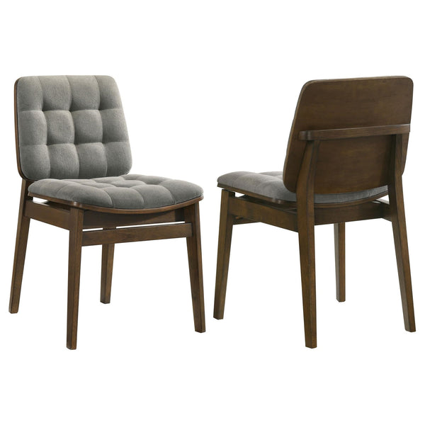 Redbridge velvet upholstered dining side chair in grey with walnut wood frame, front angle