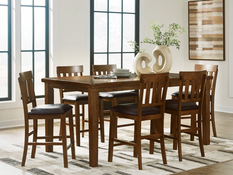 Ralene medium brown counter height dining table with six faux leather upholstered barstools