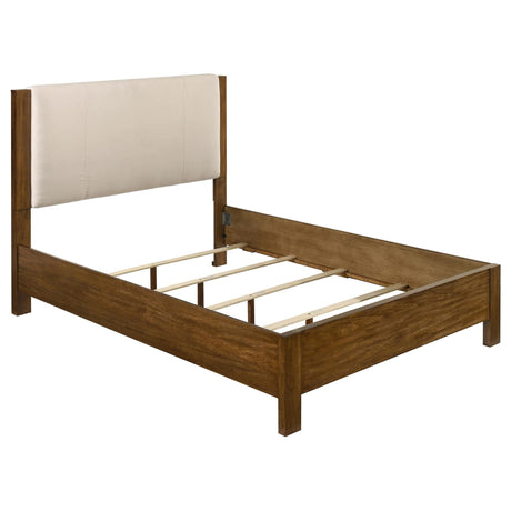 Adderley queen upholstered wood panel bed front view in cream and warm brown