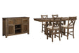 Moriville counter height dining table with plank-effect top and through-tenon pedestal base, angled front view