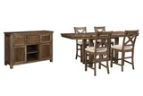 Moriville counter height dining table with plank-effect top and through-tenon pedestal base, angled front view