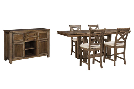 Moriville counter height dining table with plank-effect top and through-tenon pedestal base, angled front view