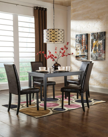 Kimonte dark brown dining table with four upholstered chairs front view